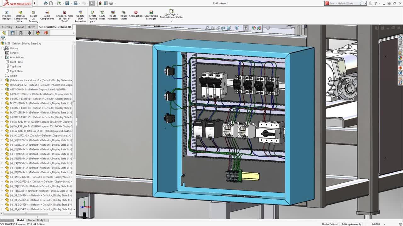 Distribución y cableado de componentes en un tablero eléctrico diseñado en SolidWorks